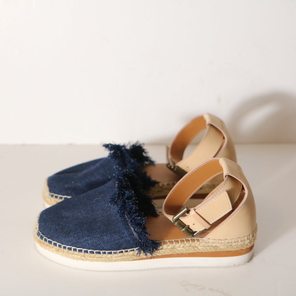 See By Chloe Glyn Denim Platform Espadrille Sandal Ankle Strap Womens 38 8 Boho - Picture 7 of 7